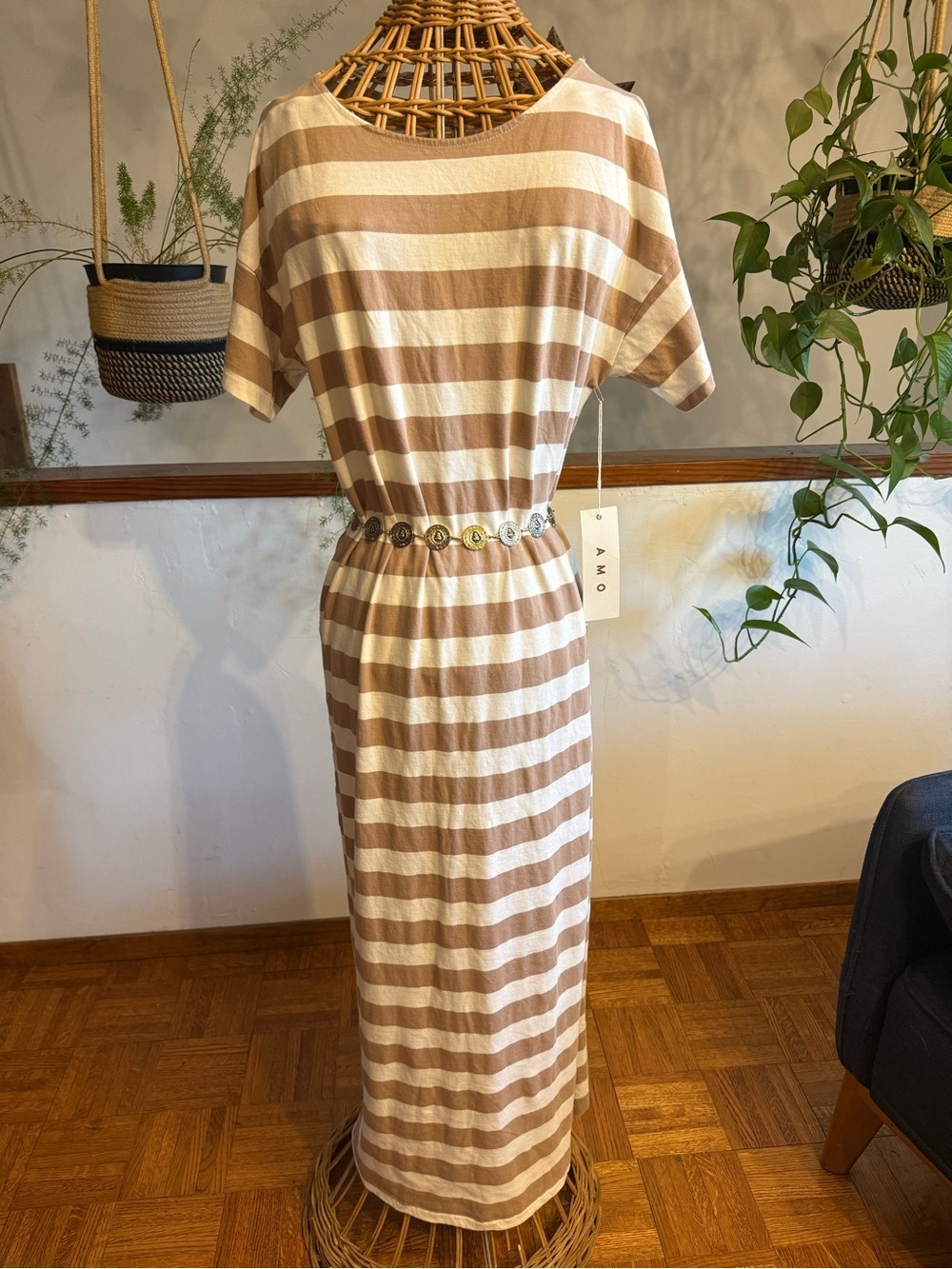 AMO Cream and Beige Striped Maxi Dress